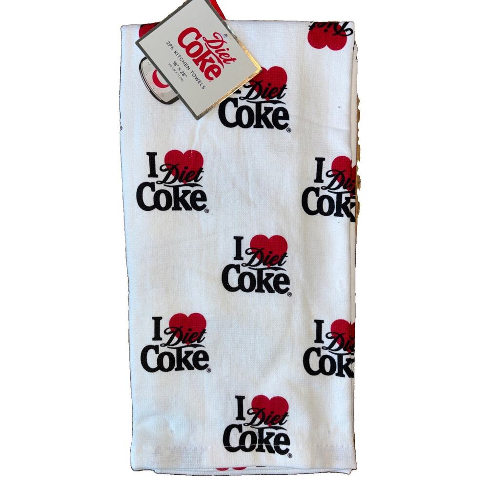 "I Heart Diet Coke" Coca-Cola Graphic Print White 18x28 2PK Kitchen Towels NEW